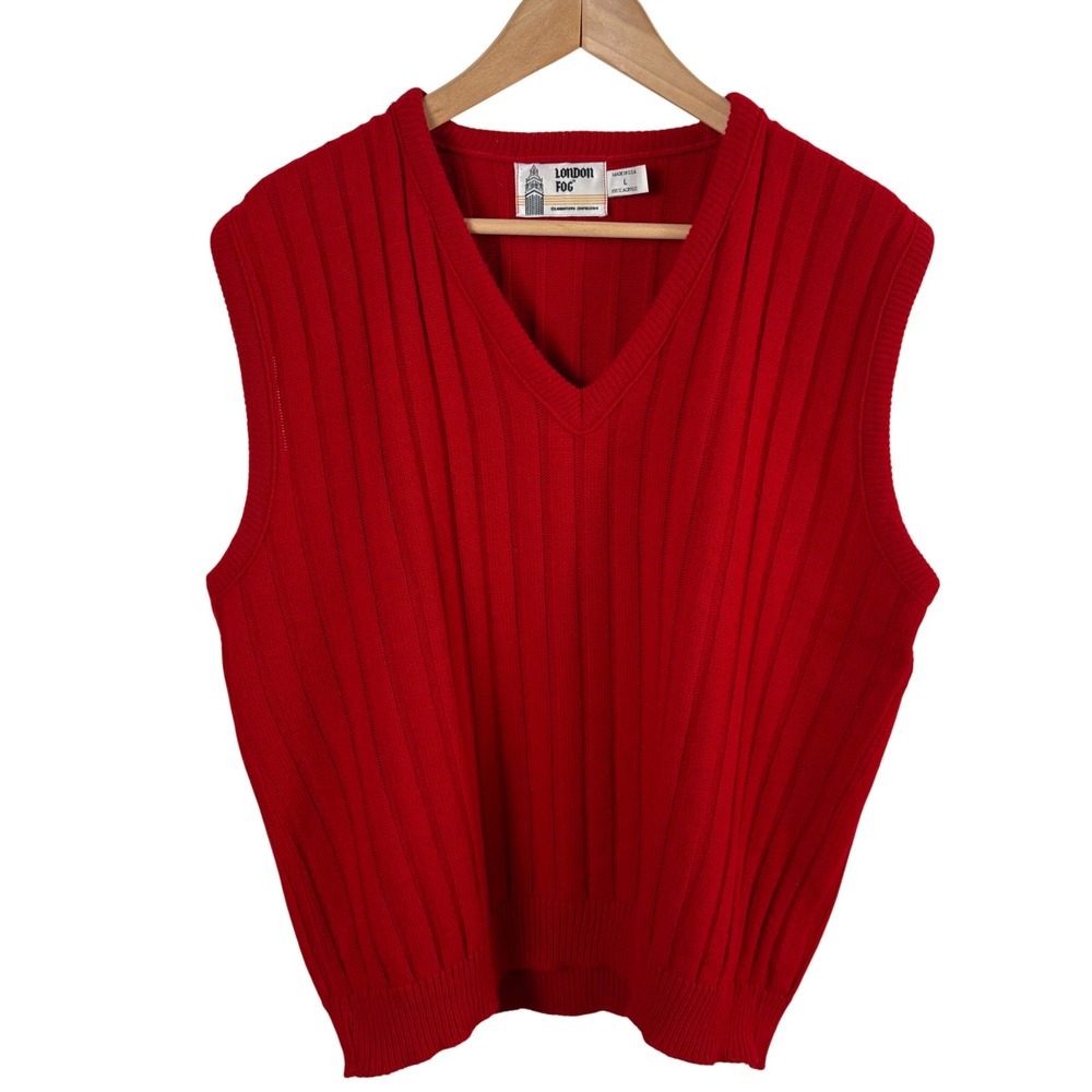 Vtg London Fog Men's Red Ribbed Sweater Vest L Grandpa Academia Preppy Christmas
